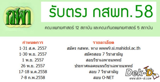 อัพเดท!! ปฏิทินรับตรง กสพท.58 (แพทยฯ - ทันตะฯ)
