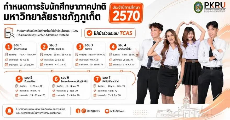 มรภ.ภูเก็ต เผยปฏิทินรับสมัคร #DEK70 ทั้ง 7 รอบ แบบไม่เข้าร่วม TCAS