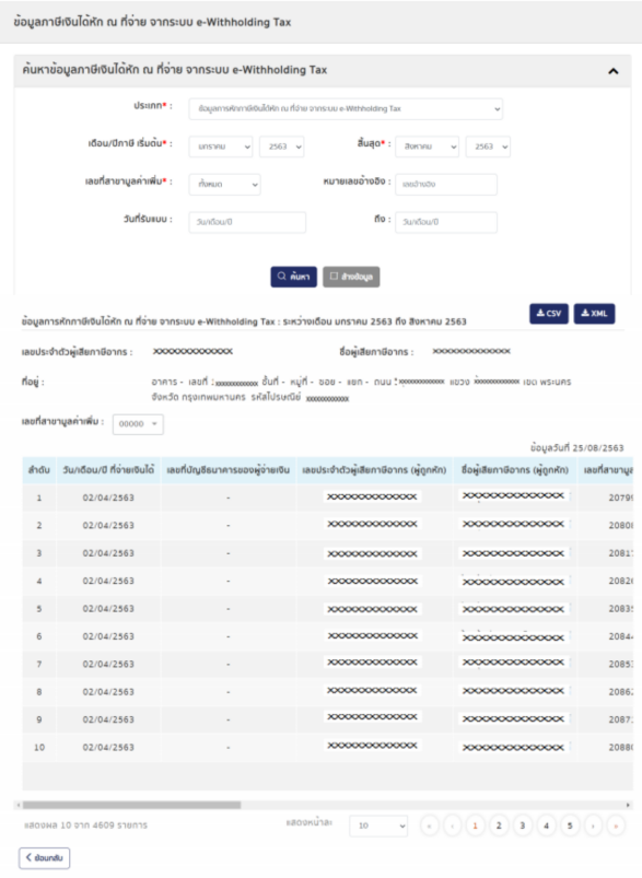ตัวอย่างหน้าจอแสดงข้อมูลการถูกหักภาษีเงินได้หัก ณ ที่จ่าย ระบบ  E-Withholding 