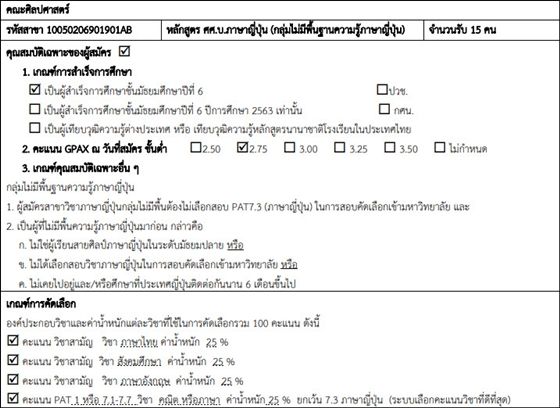 ตัวอย่างข้อมูลการรับใน TCAS รอบ 3.1  สาขาภาษาญี่ปุ่น โดยรับกลุ่มผู้ไม่มีพื้นฐานความรู้ภาษาญี่ปุ่น