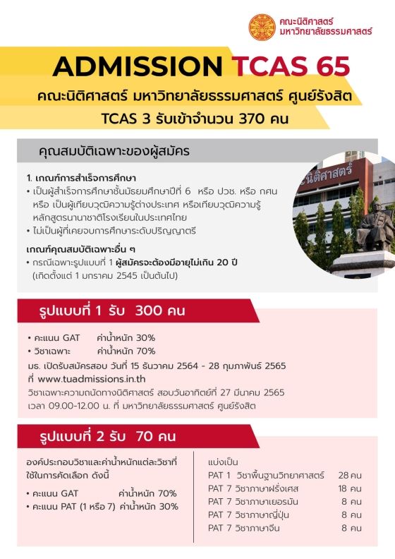รายละเอียดเกณฑ์ TCAS65 รอบ Admission นิติศาสตร์ ม.ธรรมศาสตร์