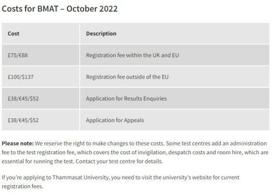 ค่าใช้จ่ายในการสมัคร BMAT 2022