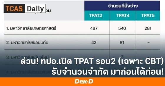 ด่วน! ทปอ.เปิด TPAT รอบ2 เฉพาะ CBT รับจำนวนจำกัด มาก่อนได้ก่อน