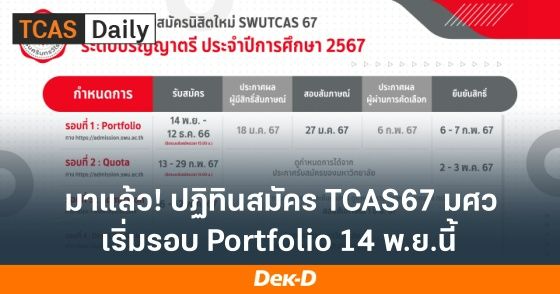 มาแล้ว! ปฏิทิน TCAS67 มศว เริ่มรอบ Portfolio 14 พ.ย.นี้