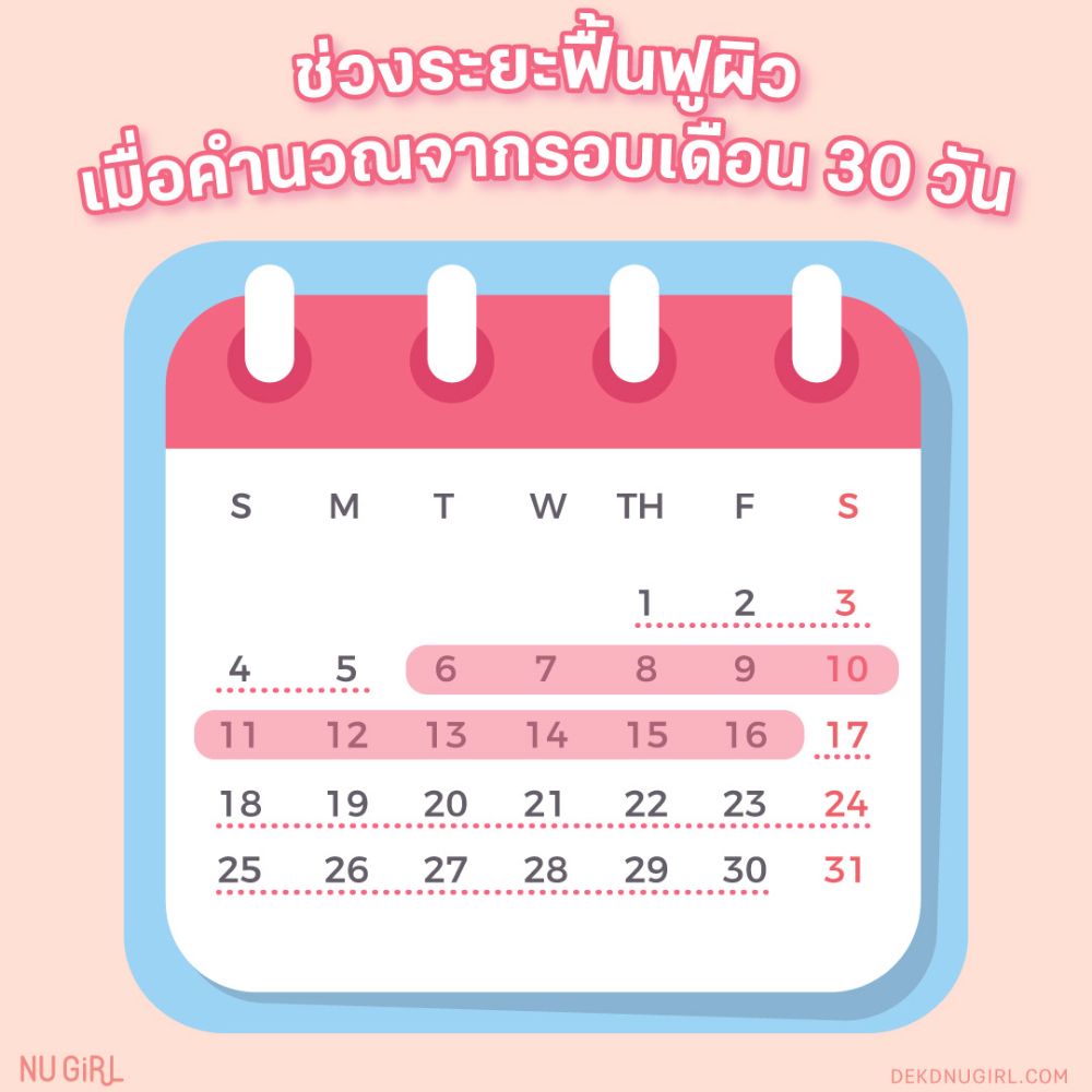 วันที่ 1-5 คือวันที่มีประจำเดือน / วันที่ 17-30 คือ 14 วันก่อนมีรอบเดือนครั้งถัดไป