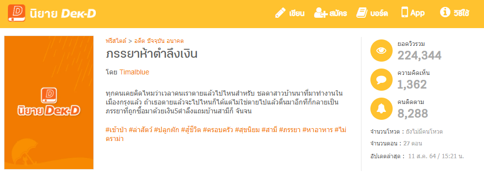 นิยายเรื่องที่สาม ภรรยาห้าตำลึงเงิน&nbsp; ที่กำลังติดท็อปอันดับหนึ่งของทุกหมวดอยู่ (ข้อมูลวันที่ 10 สิงหาคม 2564)
