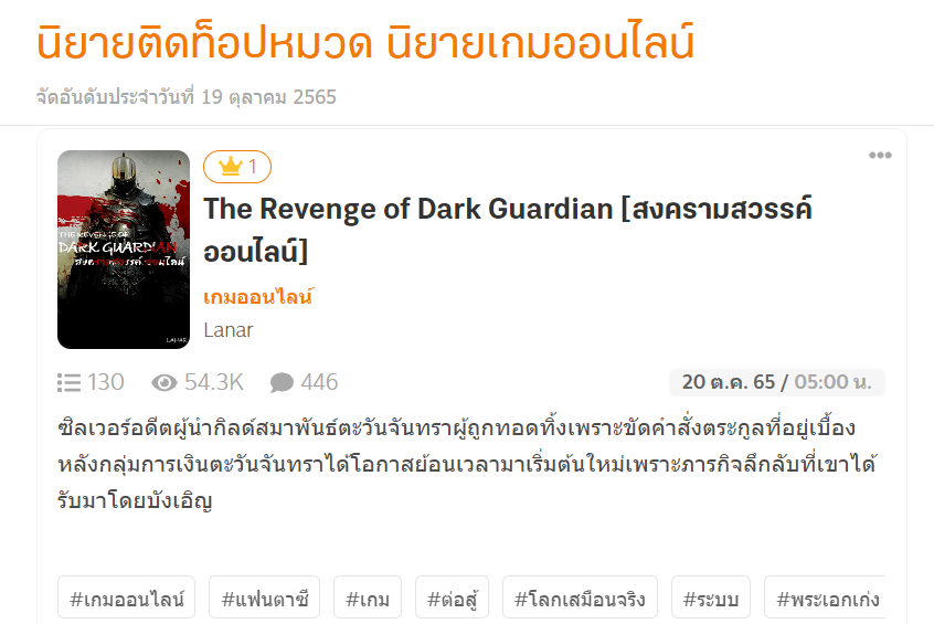 นิยายเรื่อง The Revenge of Dark Guardian [สงครามสวรรค์ออนไลน์] ติดท็อป 1 ของหมวดเกมออนไลน์ (ข้อมูลวันที่ วันที่ 19 ตุลาคม 2565)