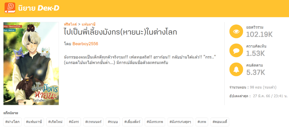 นิยายเรื่อง ไปเป็นพี่เลี้ยงมังกร(หายนะ)ในต่างโลก ที่นักอ่านชอบจนขึ้นไปติดท็อปหมวดแฟนตาซี