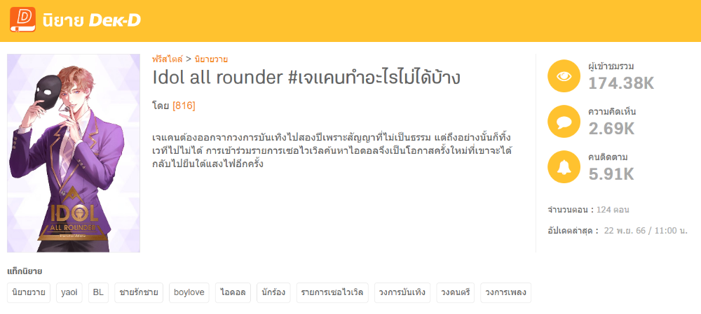 นิยายเรื่องล่าสุดที่เขียนอยู่ เรื่อง Idol all rounder #เจแคนทำอะไรไม่ได้บ้าง