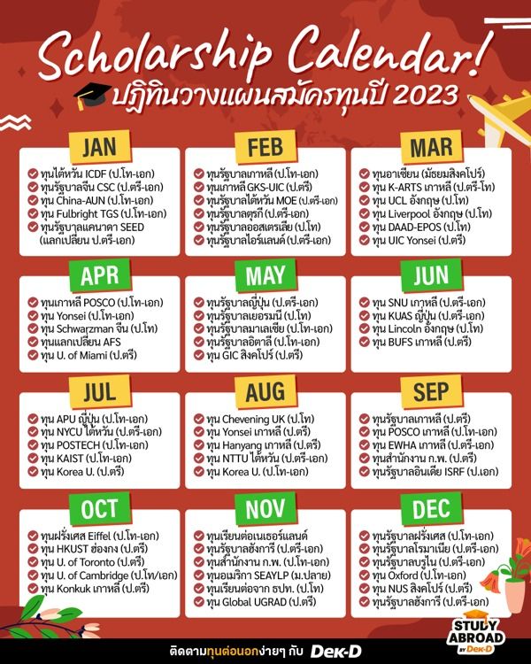 ดาวน์โหลดฟรี! "Scholarship Calendar" รวมกำหนดรับสมัครทุนต่อนอกปี 2023