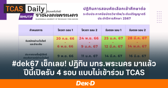 #dek67 เช็กเลย! ปฏิทิน มทร.พระนคร มาแล้ว ปีนี้เปิดรับ 4 รอบ แบบไม่เข้าร่วม TCAS