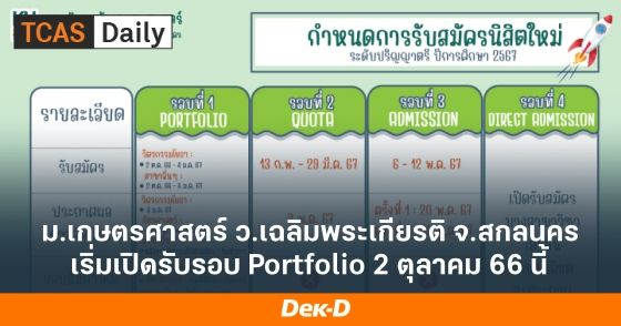 ม.เกษตรศาสตร์ ว.เฉลิมพระเกียรติ จ.สกลนคร เริ่มเปิดรับรอบ Portfolio 2 ตุลาคม 66 นี้