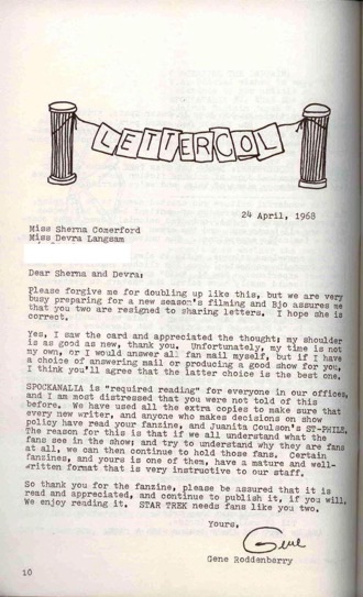 จดหมายจากร็อดเดนเบอร์รีถึงบรรณาธิการ Spockanalia