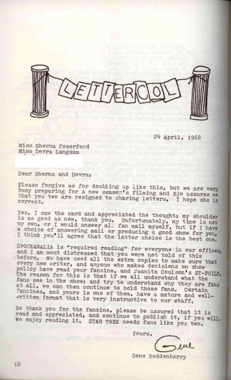 จดหมายจากร็อดเดนเบอร์รีถึงบรรณาธิการ Spockanalia
