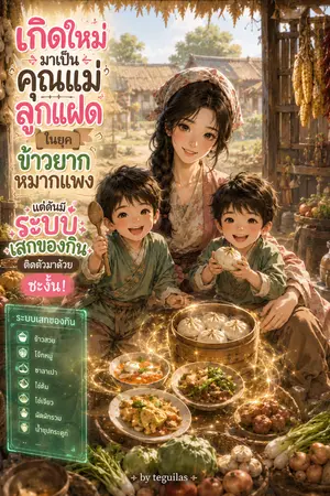ปกนิยาย เกิดใหม่มาเป็นคุณแม่ลูกแฝดในยุคข้าวยากหมากแพง แต่ดันมีระบบเสกของกินติดตัวมาด้วยซะงั้น!