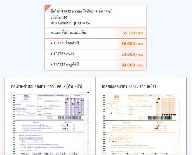 เมื่อเข้าสู่ขั้นตอนการตรวจสอบคำตอบ จะมีกระดาษคำตอบของเราและเฉลย ให้เทียบกัน