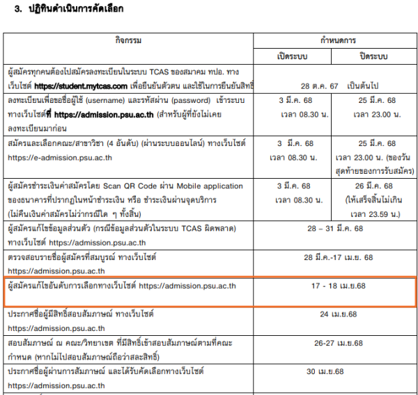 รายละเอียดการเปลี่ยนแปลงอันดับ โควตา ม.สงขลานครินทร์