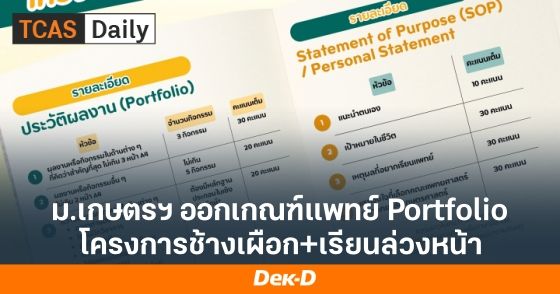 ม.เกษตรฯ ออกเกณฑ์แพทย์ Portfolio TCAS69 โครงการช้างเผือกและเรียนล่วงหน้า