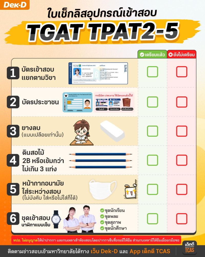 เช็กลิสต์อุปกรณ์เข้าสอบ TGAT/TPAT2-5 