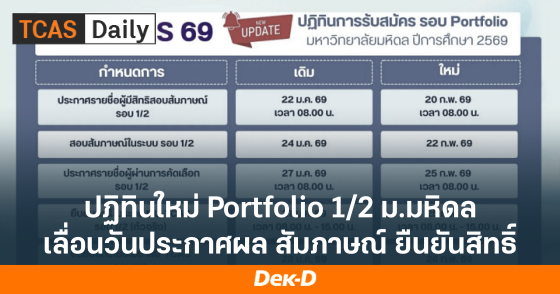 ปฏิทินใหม่ Portfolio 1/2 ม.มหิดล เลื่อนวันประกาศผล สัมภาษณ์ ยืนยันสิทธิ์