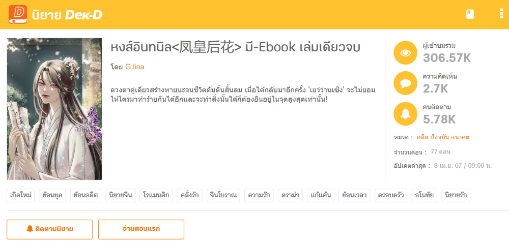 นิยายเรื่อง “หงส์อินทนิล” นิยายเรื่องล่าสุดที่เพิ่งเขียนจบไป