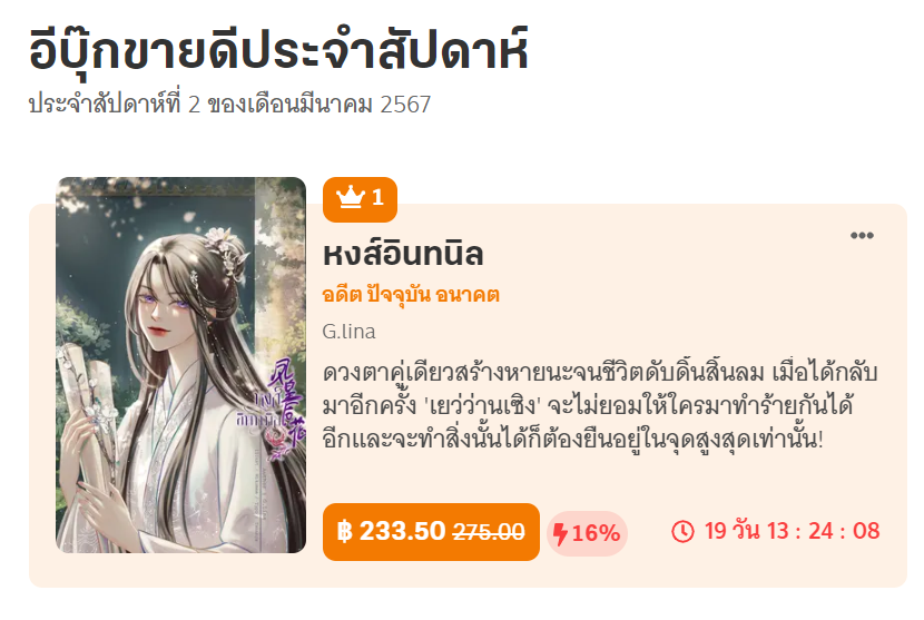 นิยายเรื่อง “หงส์อินทนิล” ติดท็อปนิยายอีบุ๊กขายดีประจำสัปดาห์นานถึง 1 เดือน