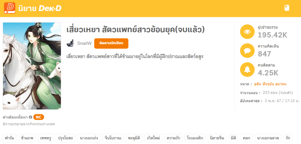 นิยายเรื่องแรกของ SnailW เรื่อง เสี่ยวเหยา สัตวแพทย์สาวย้อนยุค