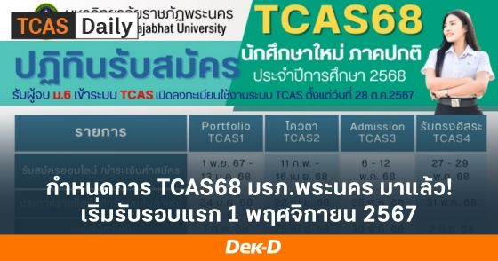 กำหนดการ TCAS68 มรภ.พระนคร มาแล้ว! เริ่มรับรอบแรก 1 พฤศจิกายน 2567