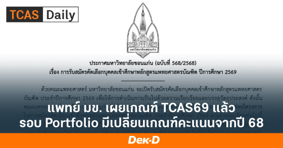 แพทย์ มข. เผยเกณฑ์ TCAS69 แล้ว รอบ Portfolio มีเปลี่ยนเกณฑ์คะแนนจากปี 68