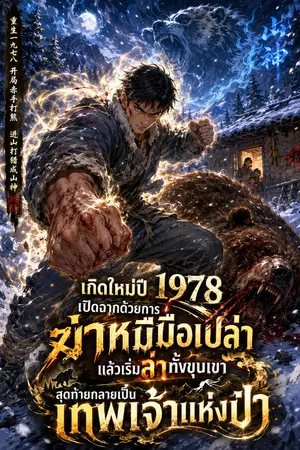 ปกนิยาย เกิดใหม่ปี 1978 เปิดฉากด้วยการฆ่าหมีมือเปล่า แล้วเริ่มล่าทั้งขุนเขา สุดท้ายกลายเป็นเทพเจ้าแห่งป่า
