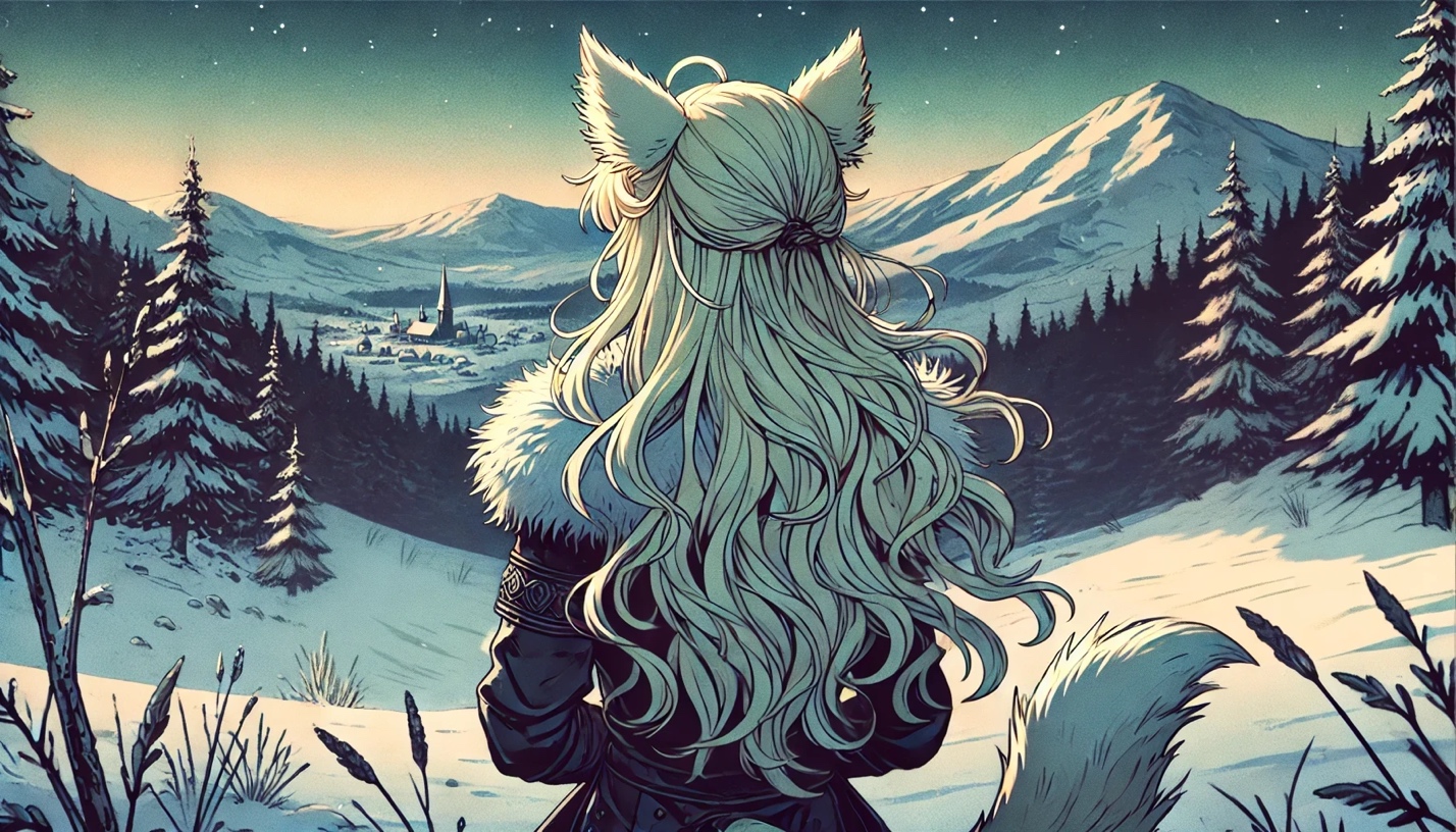 A person with long hair and fox ears looking at a snowy landscape

Description automatically generated