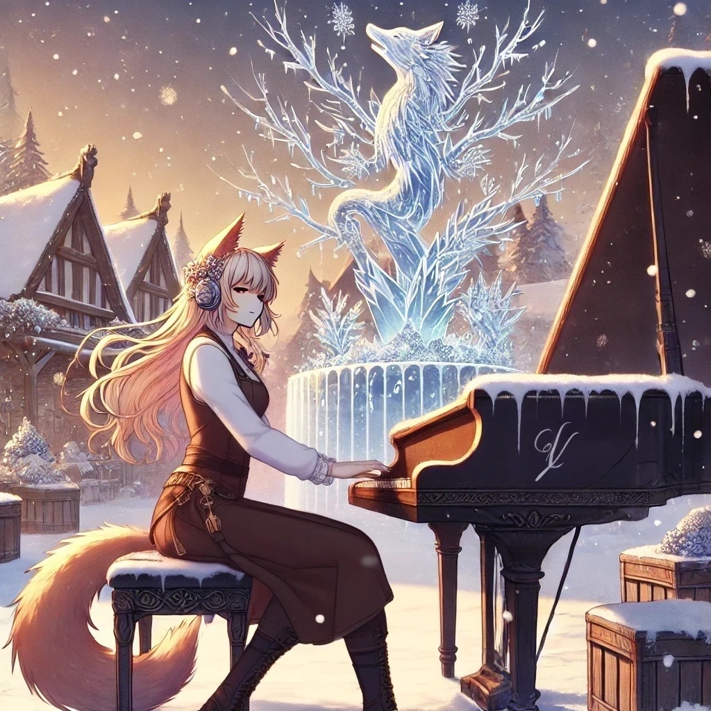 A person sitting at a piano in front of a snow covered building

Description automatically generated