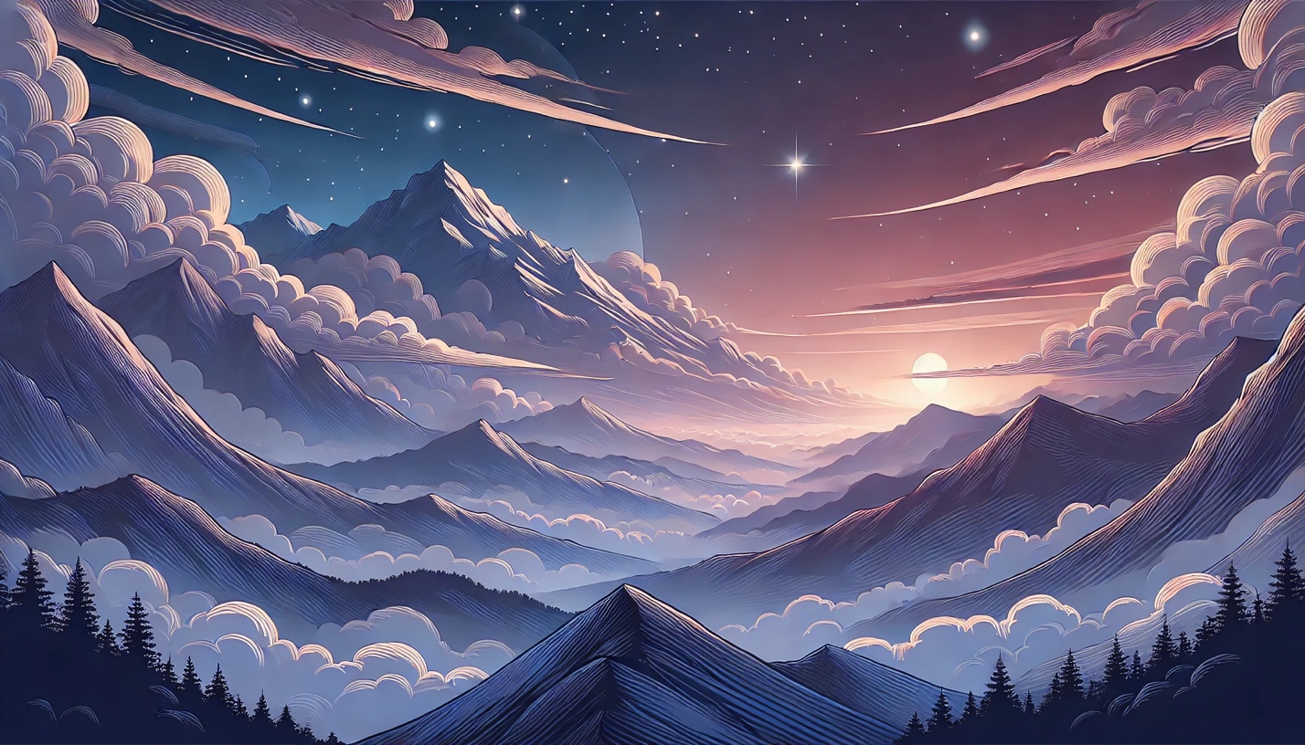 A mountain range with clouds and stars

Description automatically generated