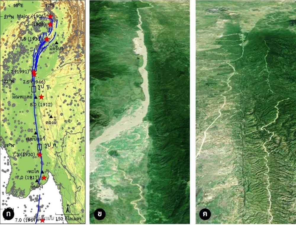 (ก) แผนที่ประเทศพม่าแสดงแนวรอยเลื่อนสะกาย (เส้นสีน้ำเงิน)  