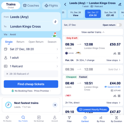 ตัวอย่างการจองตั๋วรถไฟในแอป TrainPal