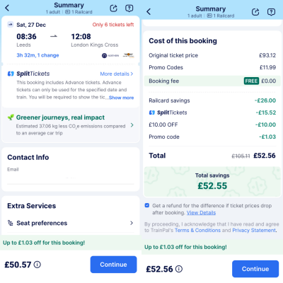 ตัวอย่างการจองตั๋วรถไฟในแอป TrainPal