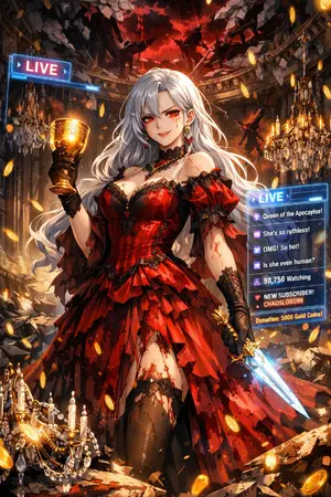 ปกนิยาย เมื่อฉันเป็นนางร้ายในนิยายรัก แต่วันสิ้นโลกดันมาถึงก่อนตอนจบ: ฉันเลยต้องไลฟ์สดกู้วิกฤตแลกโดเนทจากทวยเทพ!