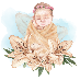 A baby wrapped in a blanket surrounded by flowers

Description automatically generated