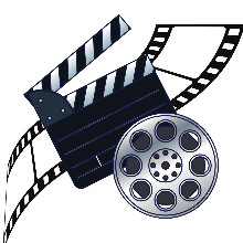 A movie reel and clapper board

Description automatically generated