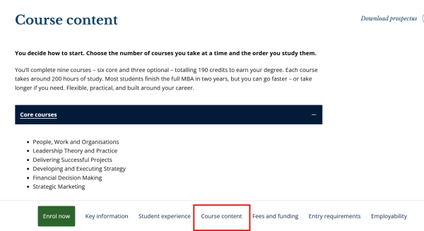 ตัวอย่าง Course Content ของหลักสูตร MBA