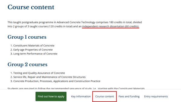 ตัวอย่าง Course Content ของหลักสูตร Advanced Concrete Technology ที่ระบุว่าต้องทำ Research Dissertation