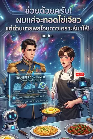 ปกนิยาย ช่วยด้วยครับ! ผมแค่จะทอดไข่เจียว แต่ท่านนายพลโอนดาวเคราะห์มาให้!