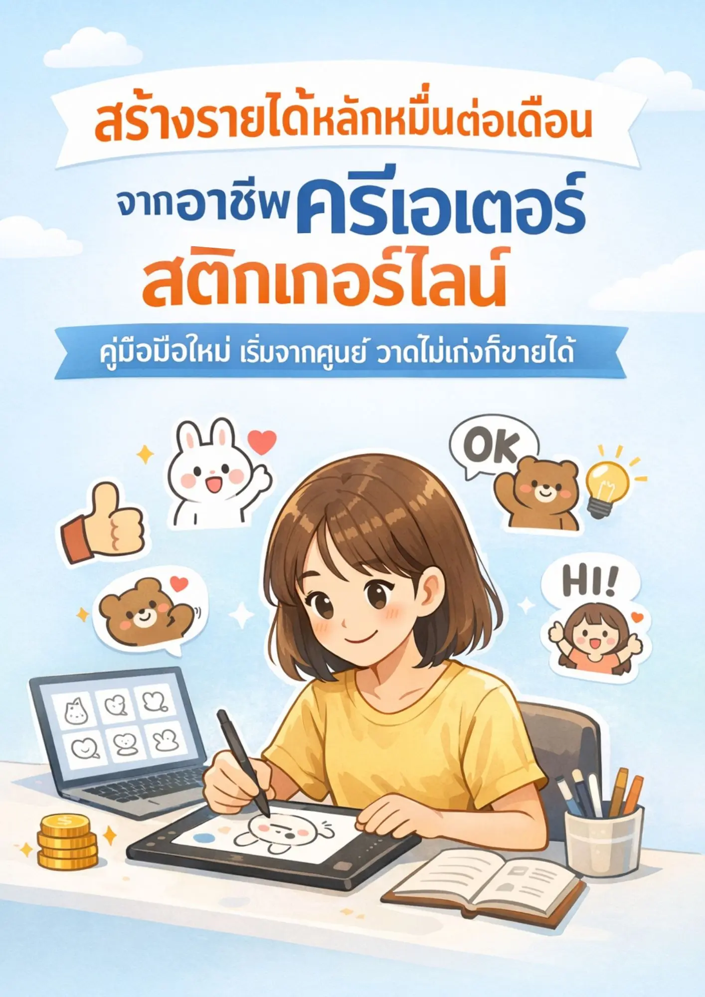 ปกนิยาย สร้างรายได้หลักหมื่นต่อเดือน จากอาชีพครีเอเตอร์สติ๊กเกอร์ไลน์