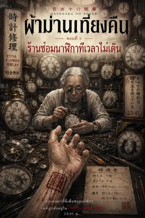 ปกนิยาย ผ้าม่านเที่ยงคืน ตอนที่ 5 ร้านซ่อมนาฬิกาที่เวลาไม่เดิน