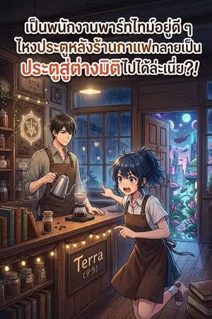 ปกนิยาย เป็นพนักงานพาร์ทไทม์อยู่ดี ๆ ไหงประตูหลังร้านกาแฟกลายเป็นประตูสู่ต่างมิติไปได้ล่ะเนี่ย?!