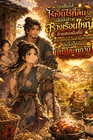 ปกนิยาย ถูกขับไล่ไร้เงินไร้ที่ดินเช่นนั้นข้าจะสร้างเรือนใหญ่ด้วยสองมือที่มีนับแต่นี้จะไม่มีวันหิวโหย มีเนื้อให้กินเต็มโต๊ะทุกวัน