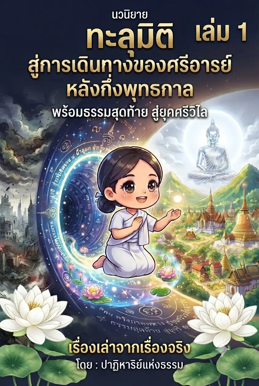 ปกนิยาย ทะลุมิติสู่การเดินทางของศรีอารย์ หลังกึ่งพุทธกาล พร้อมธรรมสุดท้าย สู่ยุคศรีวิไล [เรื่องเล่าจากเรื่องจริง] โดย ปาฏิหารแห่งธรรม