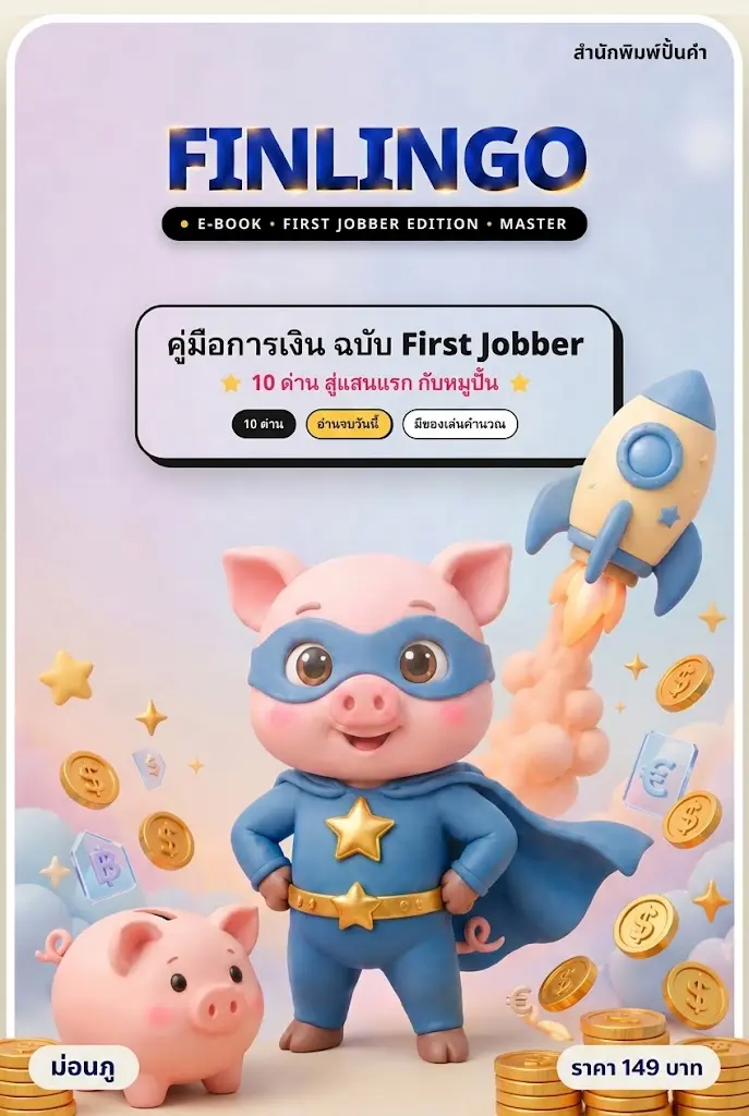ปกนิยาย FINLINGO คู่มือการเงิน ฉบับ First Jobber 10 ด่านสู่แสนแรก กับหมูบิ้น