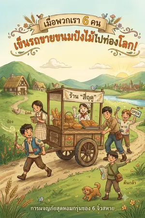 ปกนิยาย เมื่อพวกเรา6คน เข็นรถขายขนมปังไม้ ไปท่องโลก!