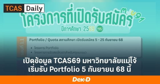เปิดข้อมูล TCAS69 มหาวิทยาลัยแม่โจ้ เริ่มรับ Portfolio 5 กันยายน 68 นี้